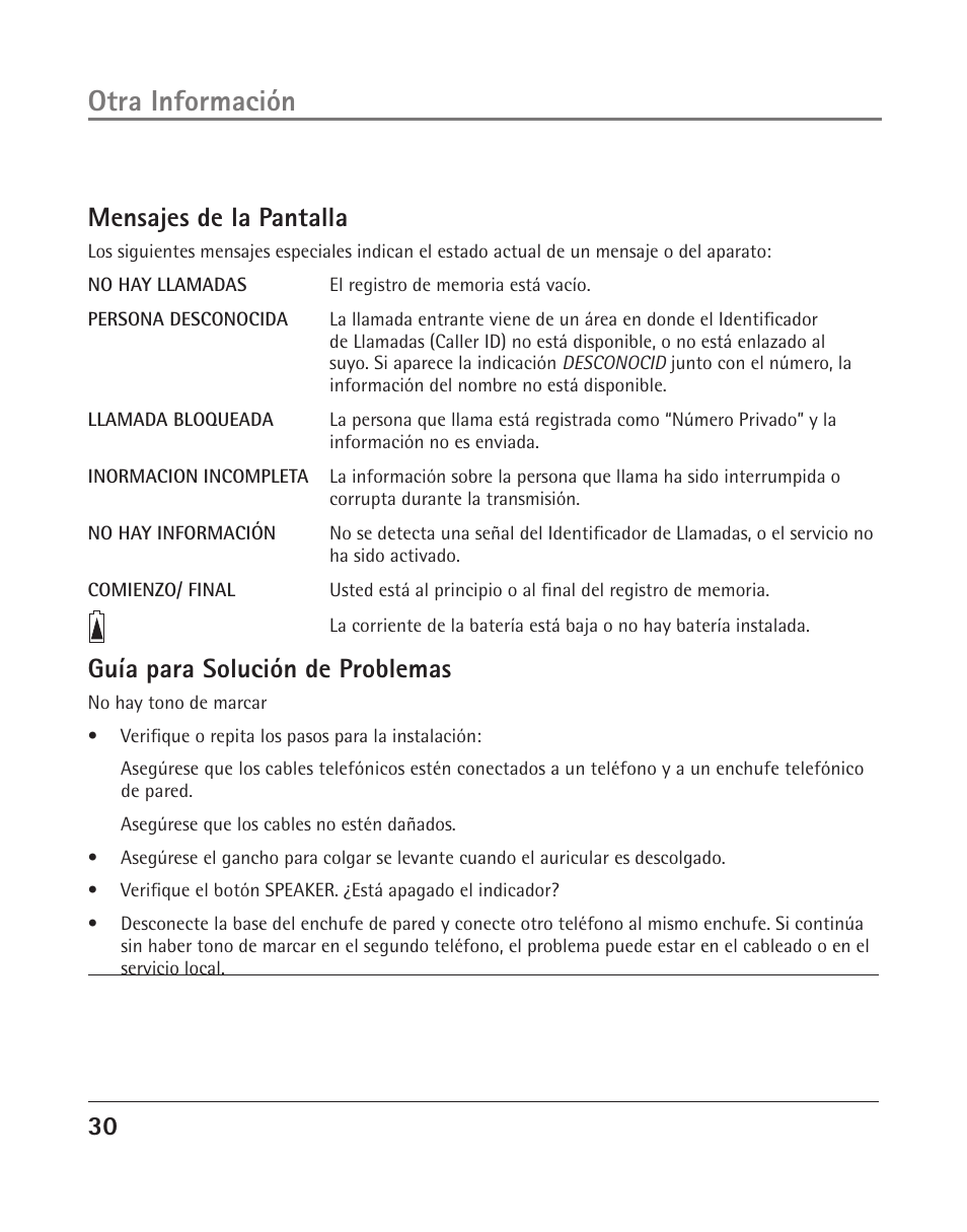 Otra información, 30 mensajes de la pantalla, Guía para solución de problemas | GE 25202 User Manual | Page 68 / 76