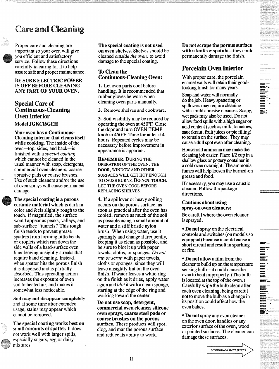 Care and cleaning, Special care of coniinuous=cl8anlrg oven interior, Porcelain oven interior | GE JGKS16GEH User Manual | Page 11 / 16