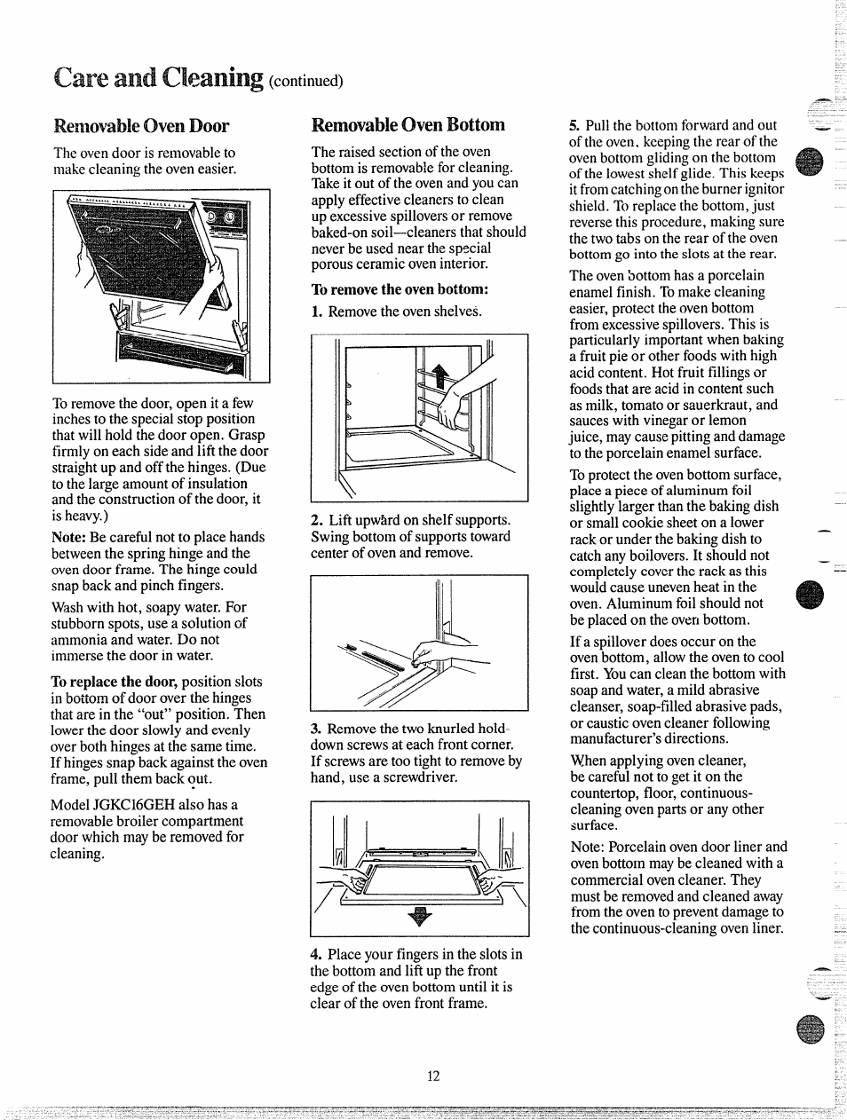 Care and cleaning (continued), Removable oven door, Removable oven bottom | Care and cleaning | GE JGKS16GEH User Manual | Page 12 / 16