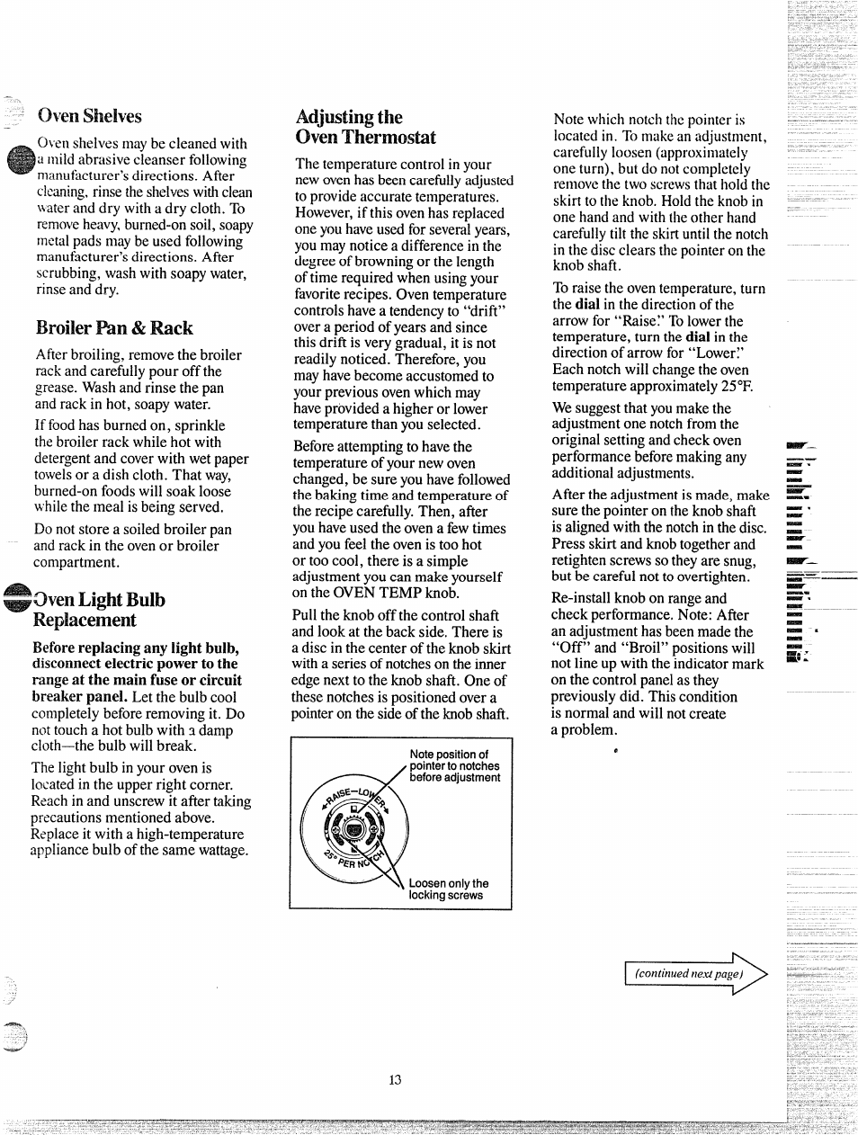 Oven shelves, Broiler pan & rack, Oven light bulb replacement | Adjusting the oven thermostat | GE JGKS16GEH User Manual | Page 13 / 16