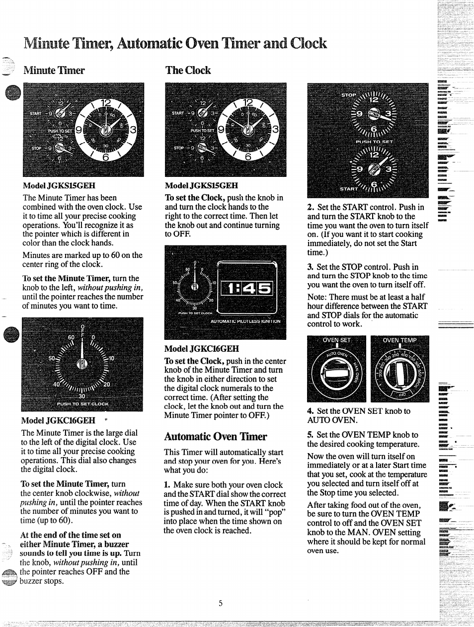 Minute timer, automatic oven timer and clock, Mente umer, The clock | Automatic oven timer | GE JGKS16GEH User Manual | Page 5 / 16