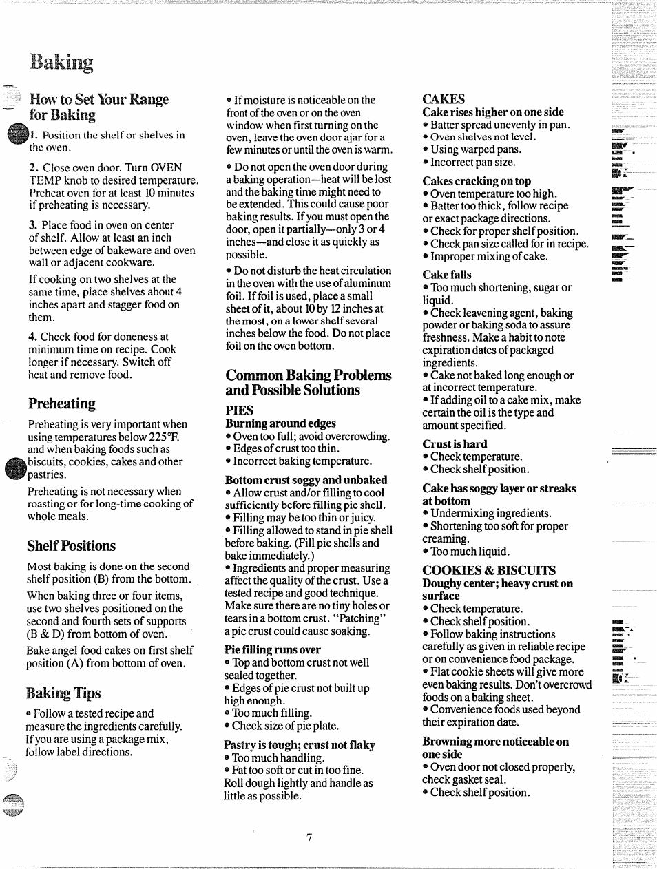 Preheating, Sheif positions, Common baking problems and possible solutions | Baking, How to set your range for baking, Baking tips, Pies | GE JGKS16GEH User Manual | Page 7 / 16
