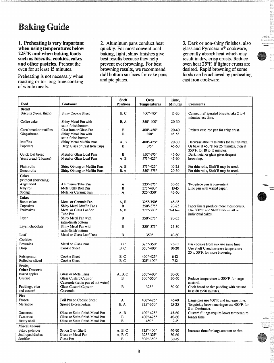 Baking guide | GE JGKS16GEH User Manual | Page 8 / 16
