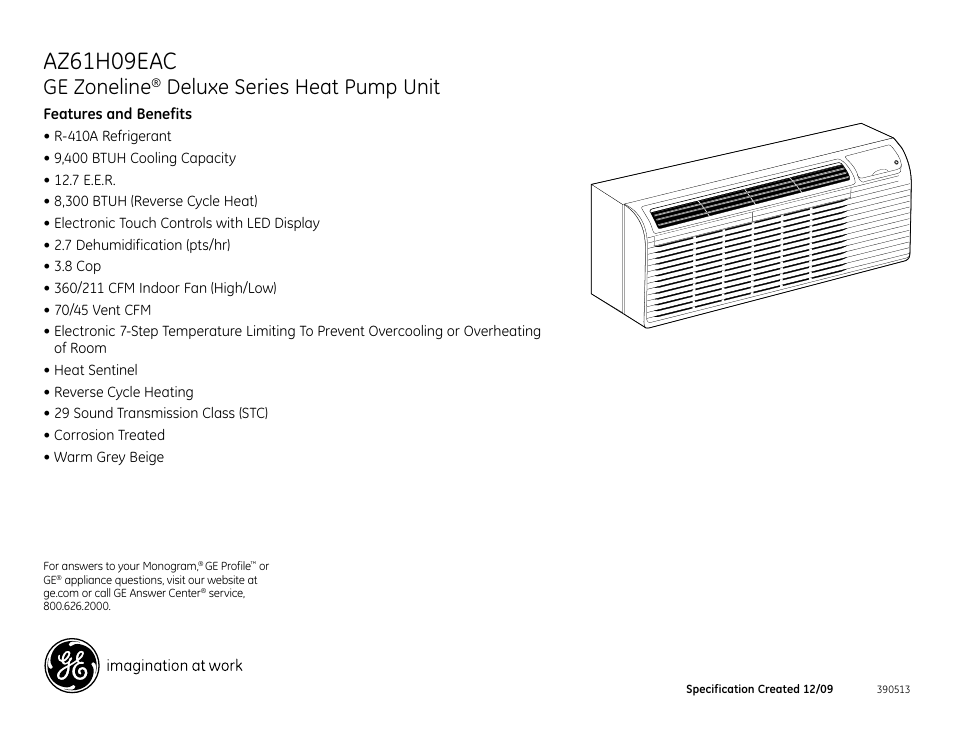 Az61h09eac, Ge zoneline, Deluxe series heat pump unit | GE Zoneline AZ61H09EAC User Manual | Page 2 / 2