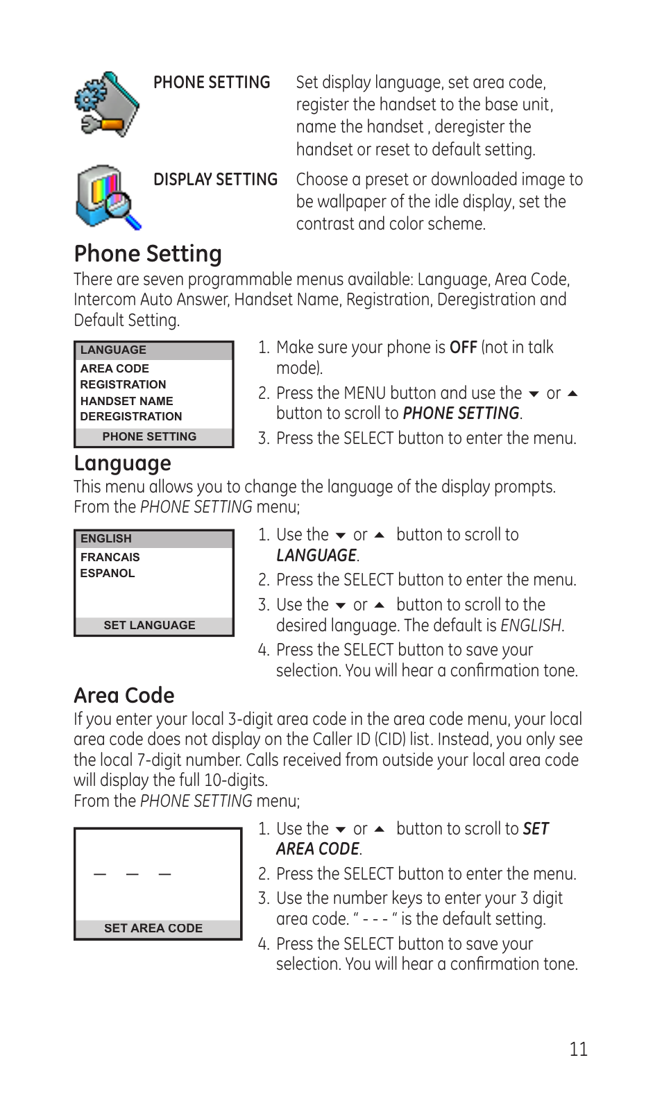 Phone setting, Language, Area code | GE TC28041 Series User Manual | Page 11 / 46