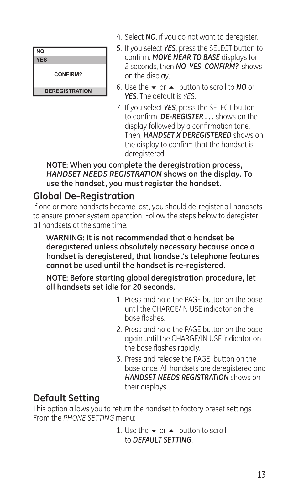 Global de-registration, Default setting | GE TC28041 Series User Manual | Page 13 / 46