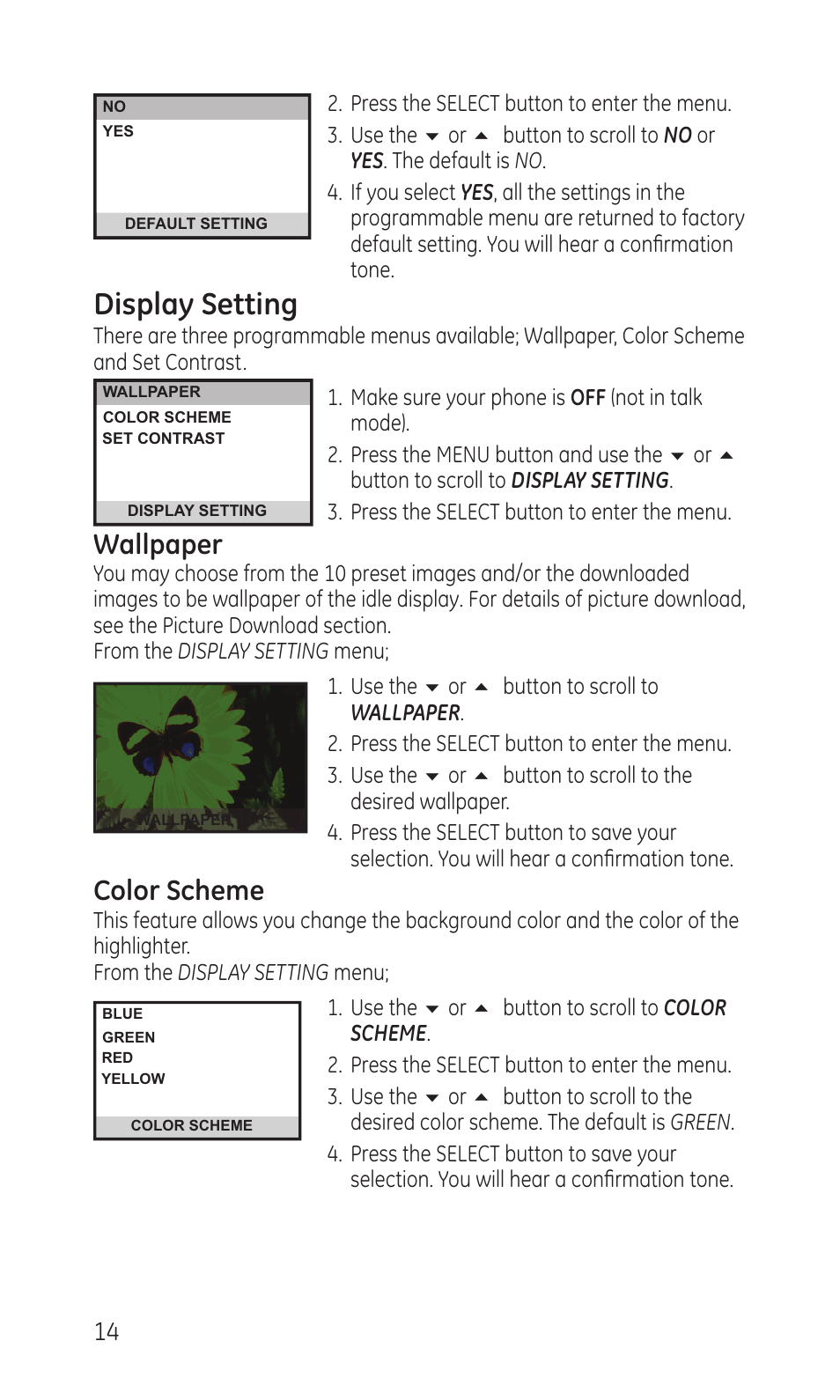 Display setting, Wallpaper, Color scheme | GE TC28041 Series User Manual | Page 14 / 46