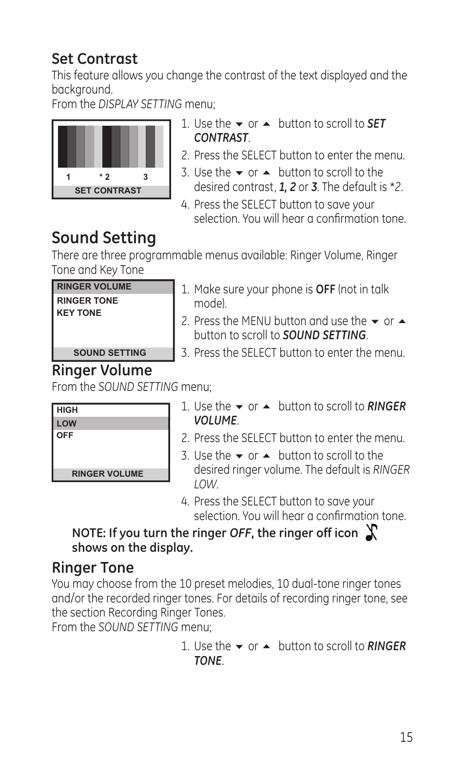 Sound setting, Set contrast, Ringer volume | Ringer tone | GE TC28041 Series User Manual | Page 15 / 46