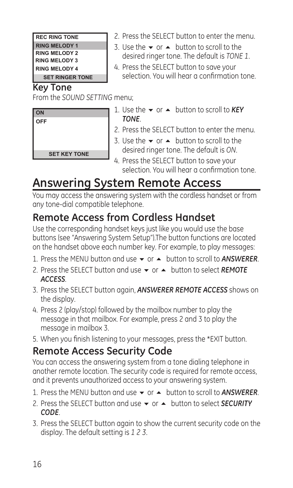 Answering system remote access, Remote access from cordless handset, Remote access security code | Key tone | GE TC28041 Series User Manual | Page 16 / 46