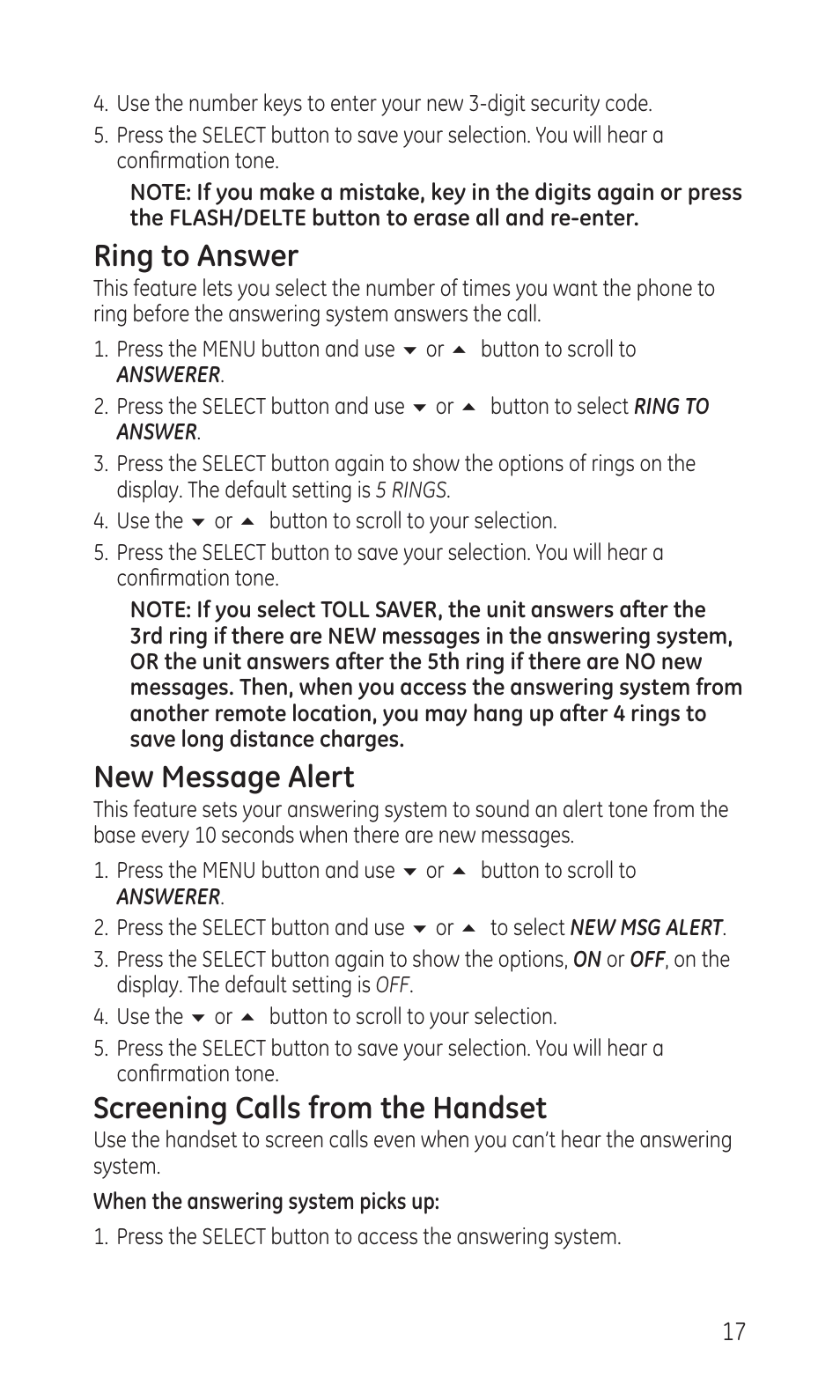 Ring to answer, New message alert, Screening calls from the handset | GE TC28041 Series User Manual | Page 17 / 46