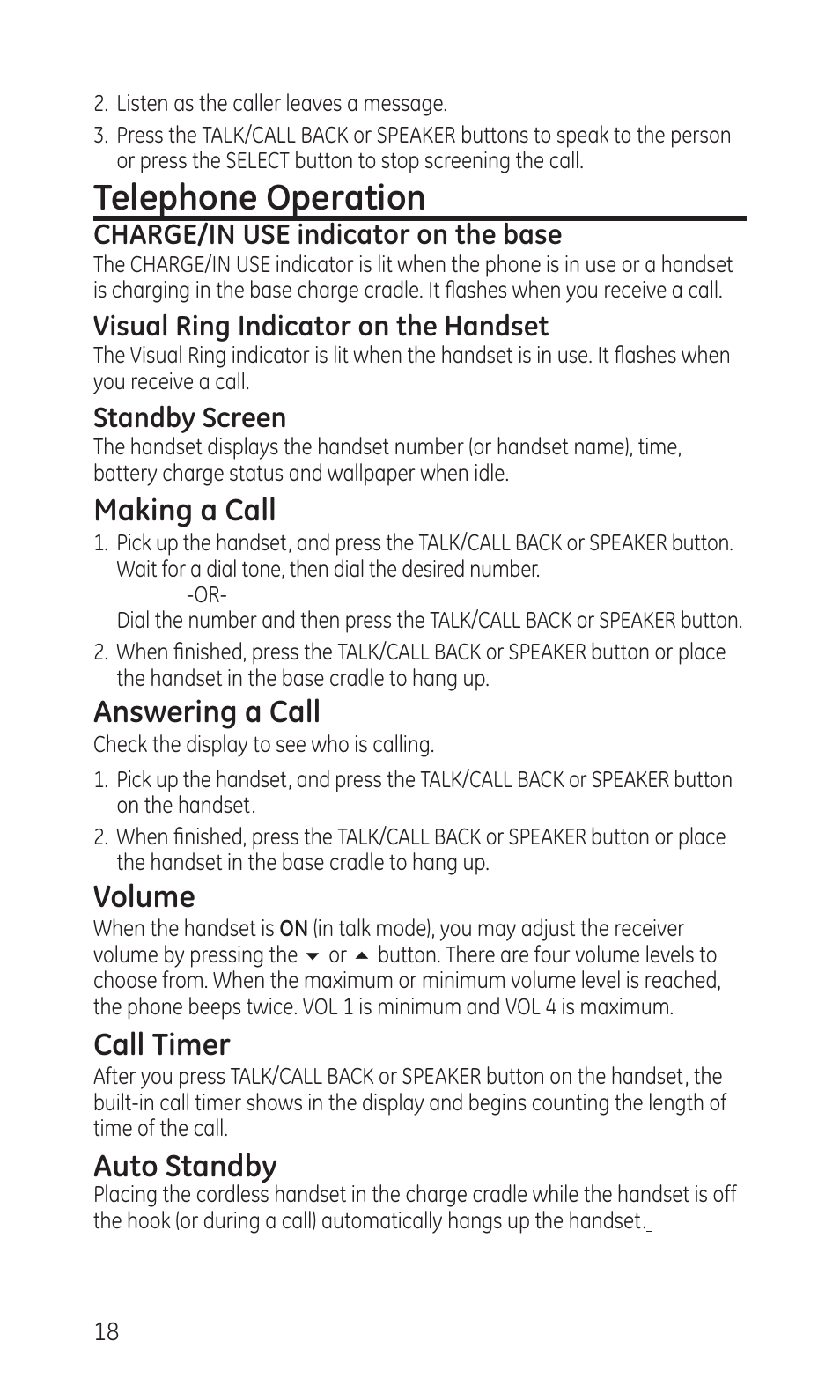 Telephone operation, Making a call, Answering a call | Volume, Call timer, Auto standby, Charge/in use indicator on the base, Visual ring indicator on the handset, Standby screen | GE TC28041 Series User Manual | Page 18 / 46