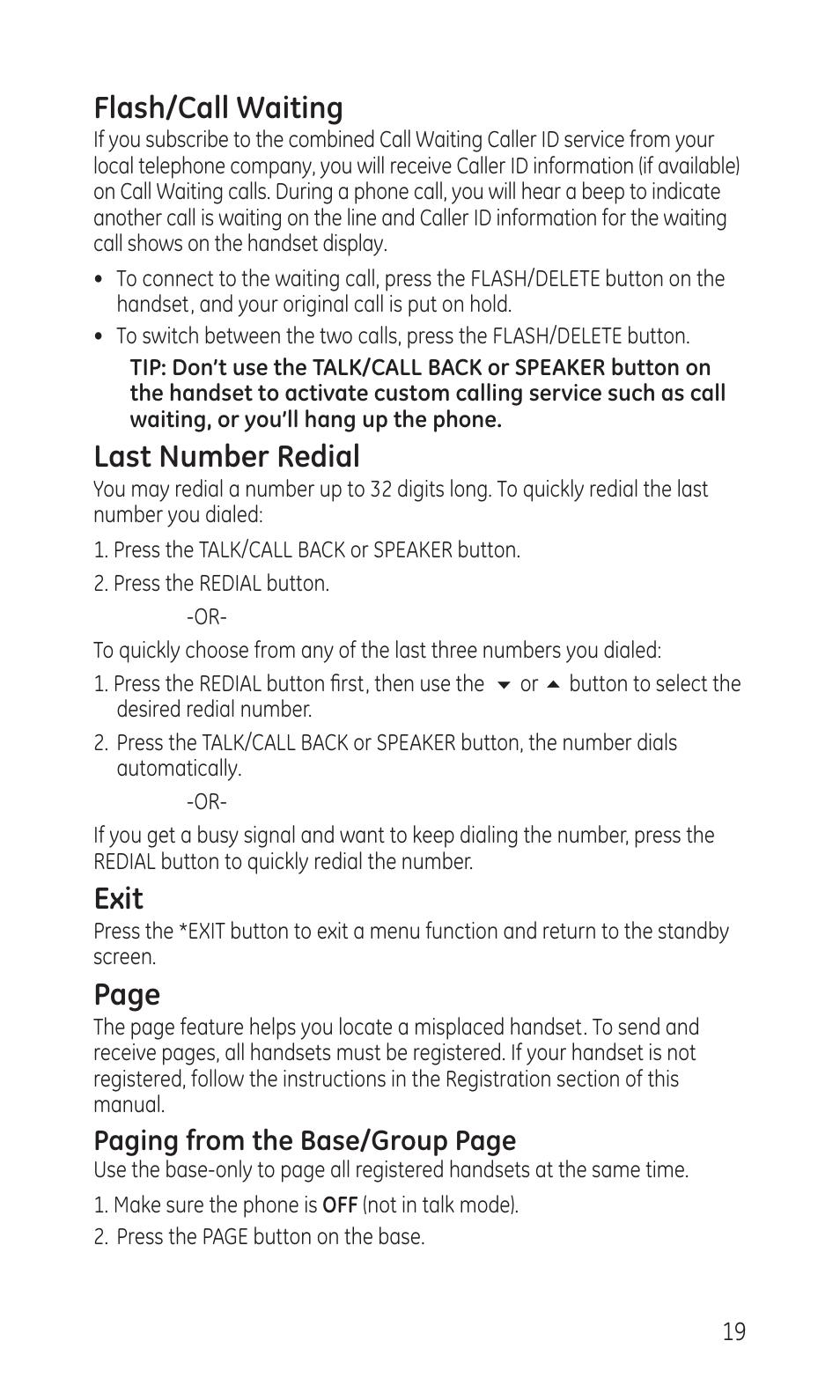 Flash/call waiting, Last number redial, Exit | Page, Paging from the base/group page | GE TC28041 Series User Manual | Page 19 / 46