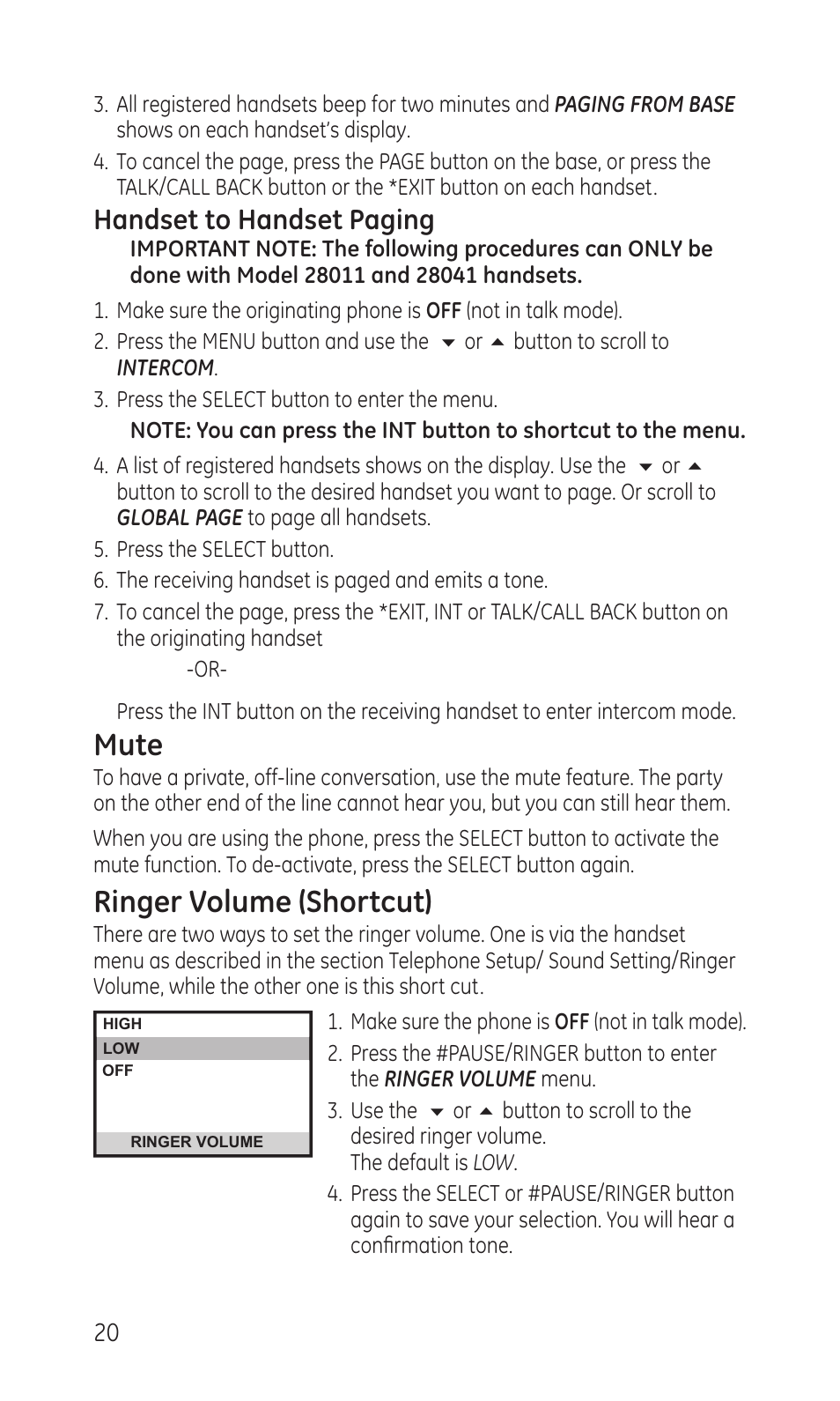 Mute, Ringer volume (shortcut), Handset to handset paging | GE TC28041 Series User Manual | Page 20 / 46