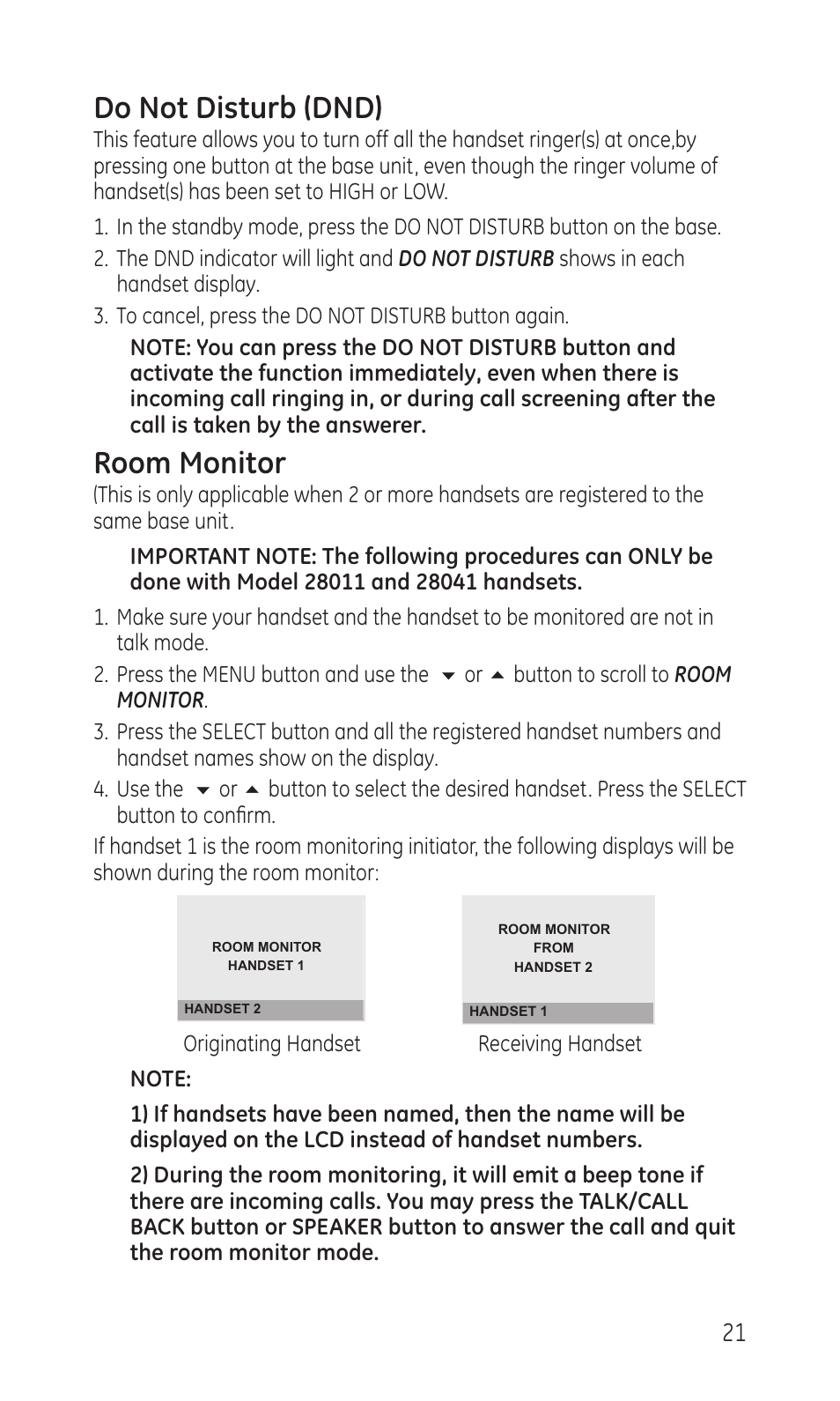 Do not disturb (dnd), Room monitor | GE TC28041 Series User Manual | Page 21 / 46