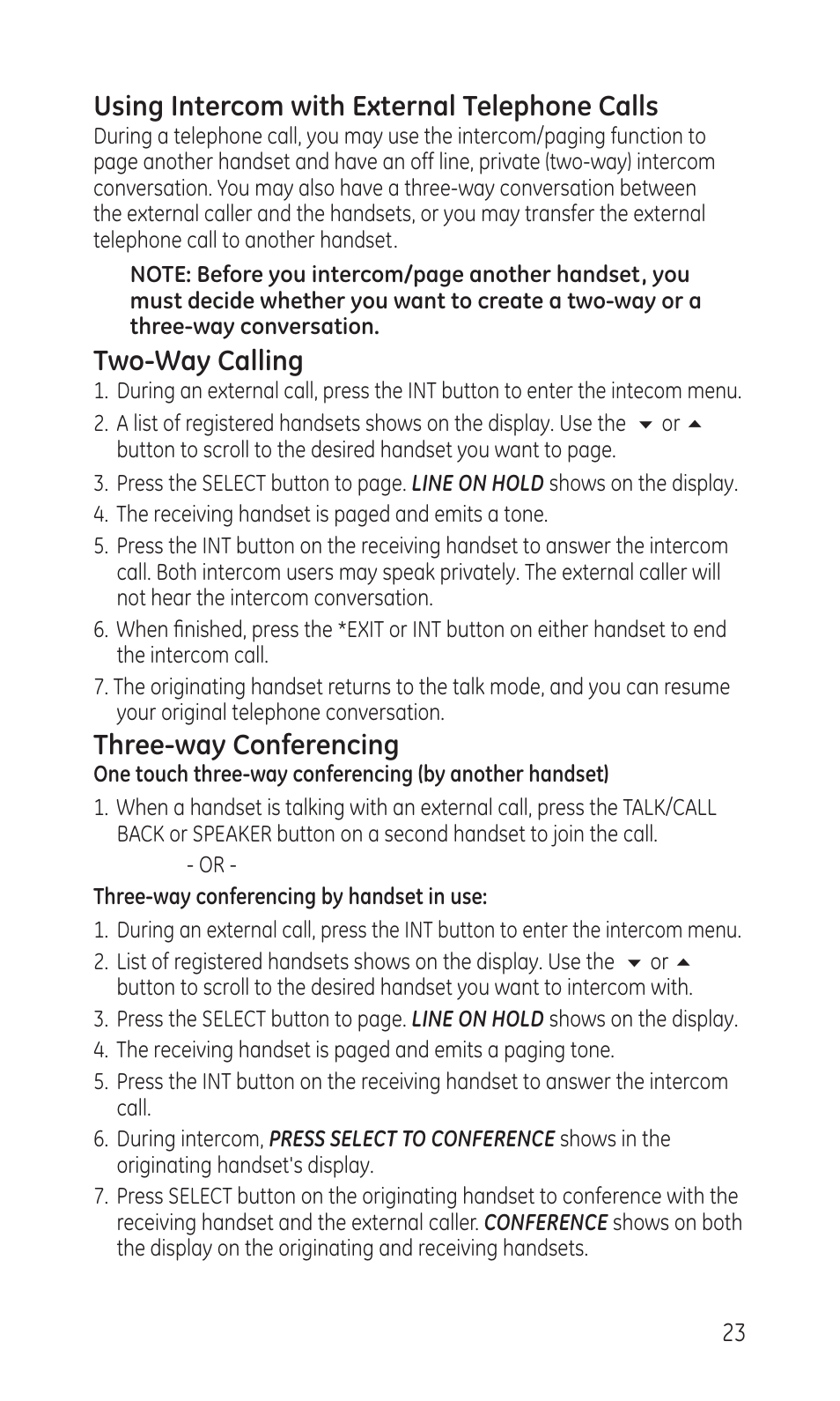 Using intercom with external telephone calls, Two-way calling, Three-way conferencing | GE TC28041 Series User Manual | Page 23 / 46