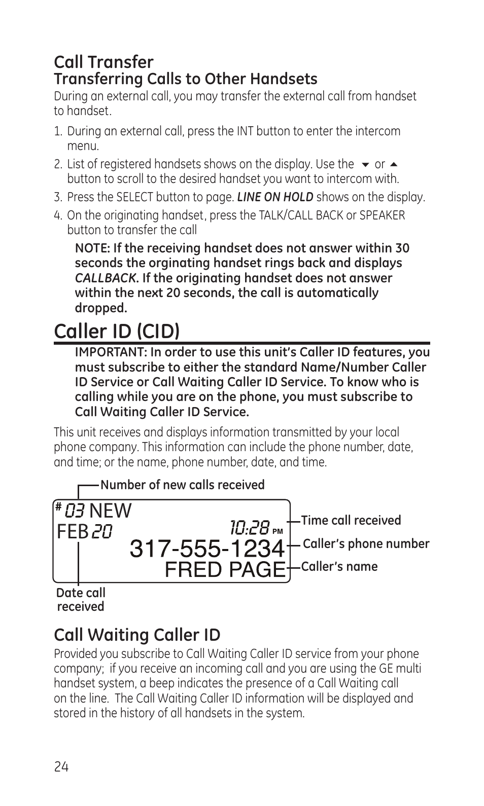 New feb, Caller id (cid), Call transfer | Call waiting caller id, Transferring calls to other handsets | GE TC28041 Series User Manual | Page 24 / 46