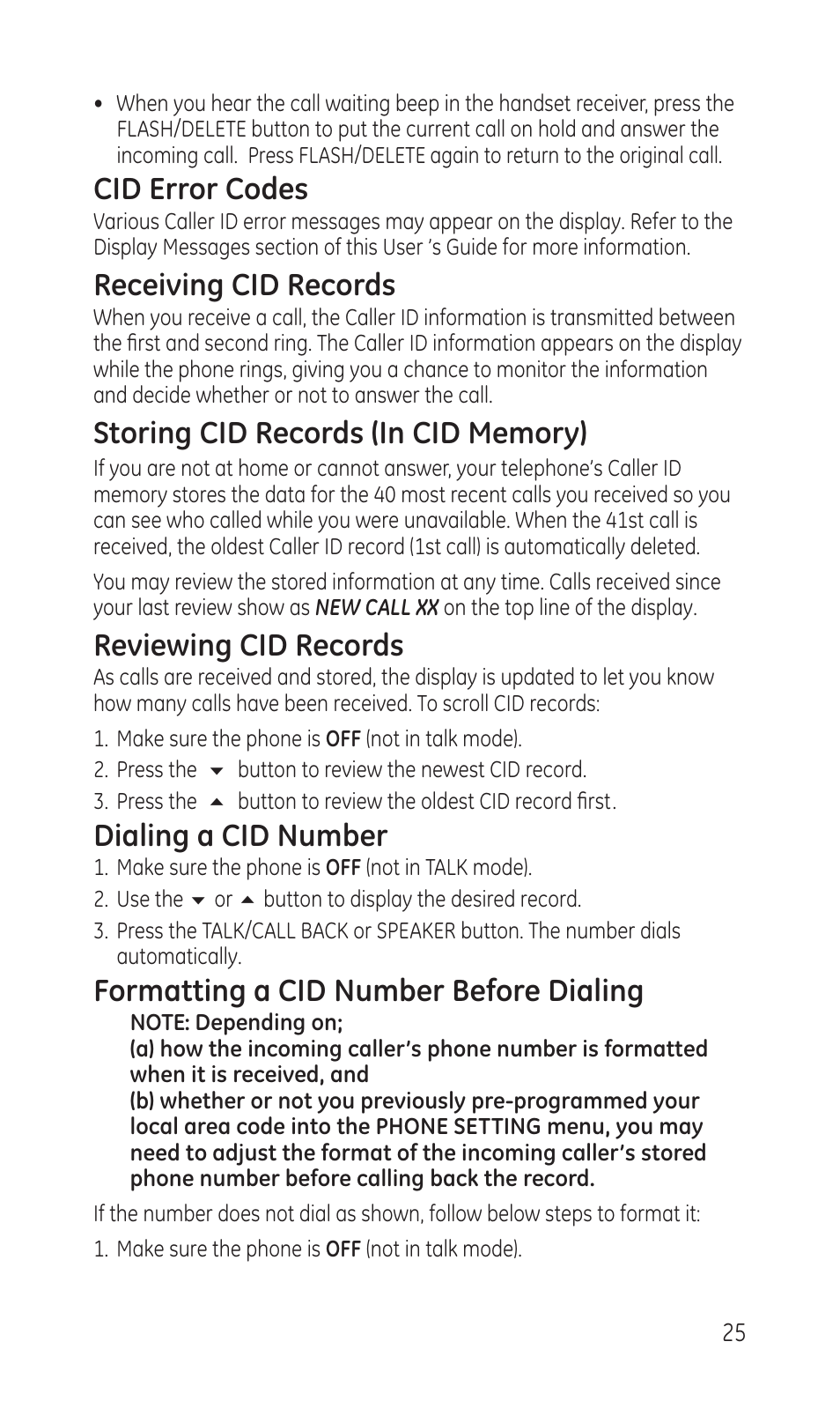 Cid error codes, Receiving cid records, Reviewing cid records | Dialing a cid number, Formatting a cid number before dialing | GE TC28041 Series User Manual | Page 25 / 46