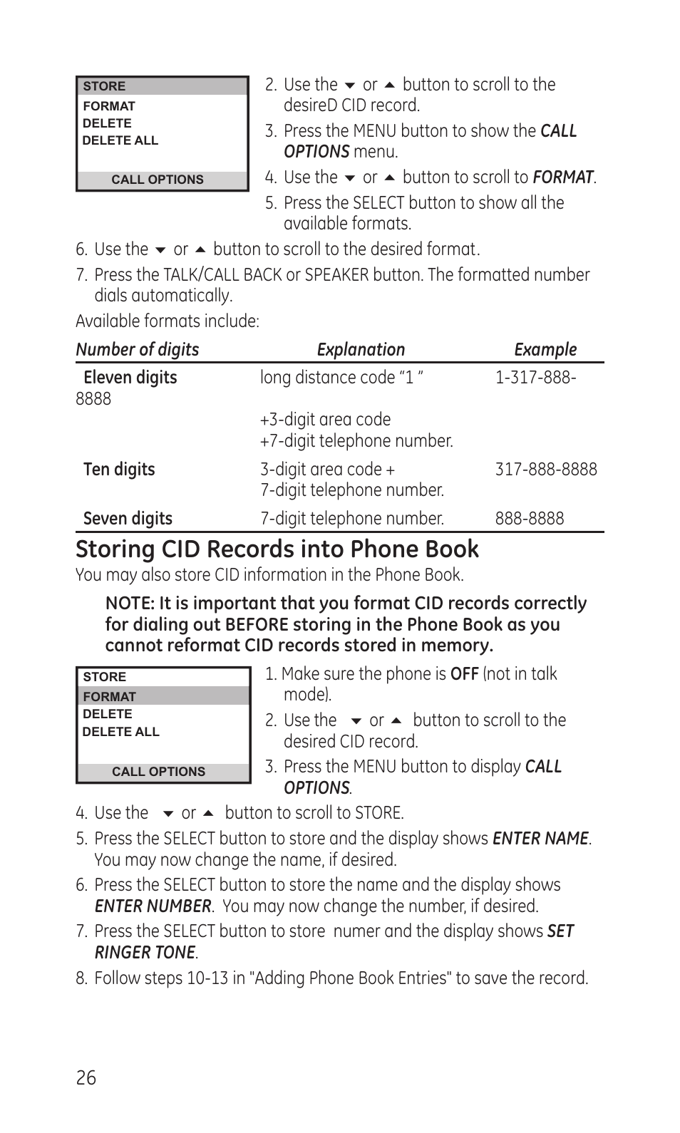 Storing cid records into phone book | GE TC28041 Series User Manual | Page 26 / 46