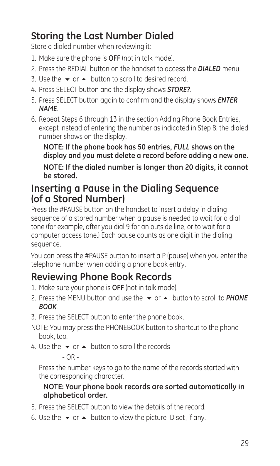 Storing the last number dialed, Reviewing phone book records | GE TC28041 Series User Manual | Page 29 / 46