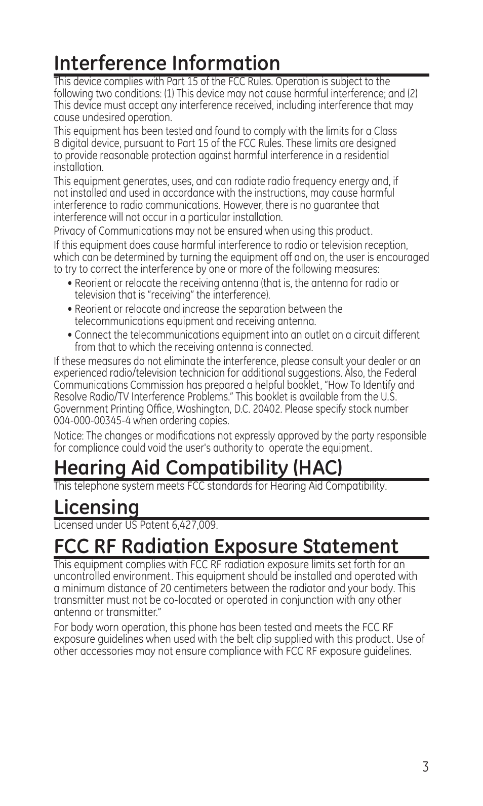 Interference information, Hearing aid compatibility (hac), Licensing | Fcc rf radiation exposure statement | GE TC28041 Series User Manual | Page 3 / 46
