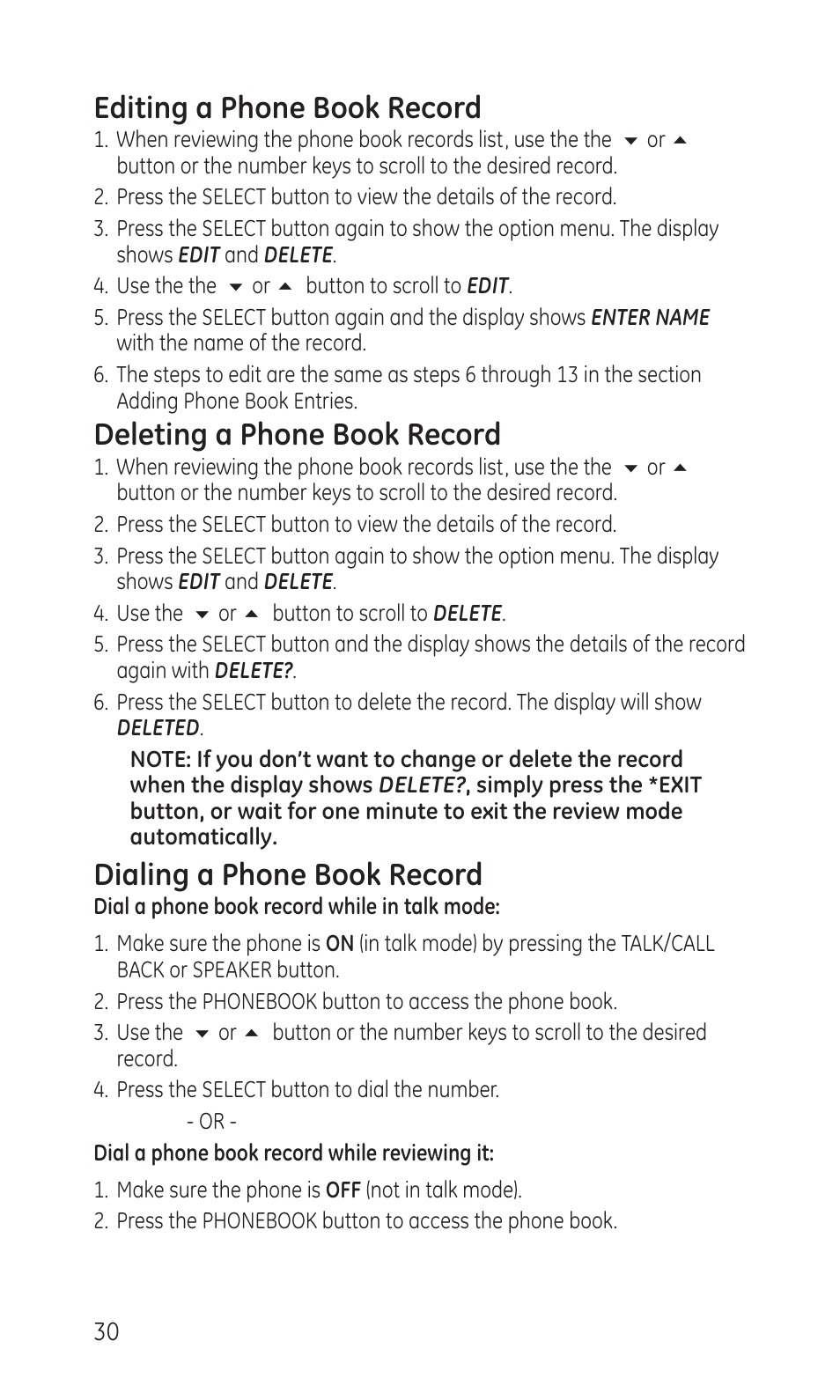 Editing a phone book record, Deleting a phone book record, Dialing a phone book record | GE TC28041 Series User Manual | Page 30 / 46