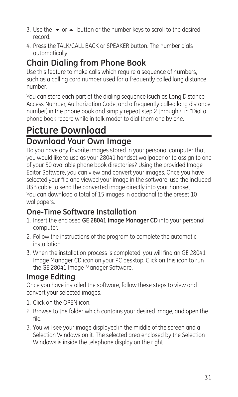 Picture download, Chain dialing from phone book, Download your own image | One-time software installation, Image editing | GE TC28041 Series User Manual | Page 31 / 46