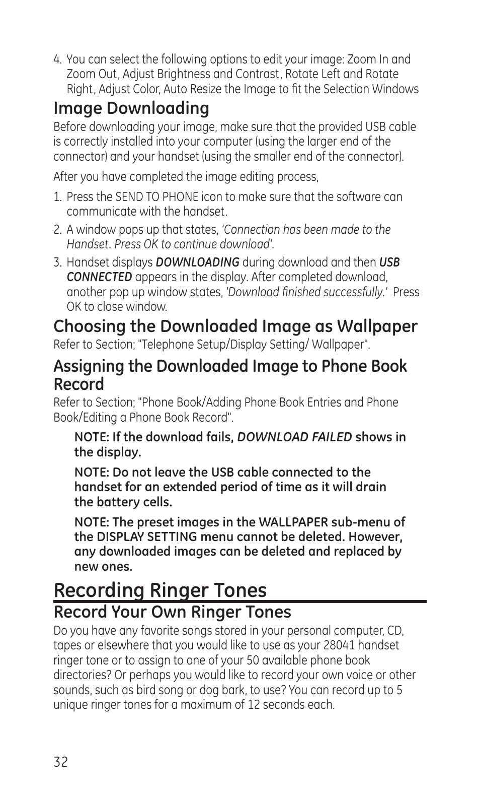 Recording ringer tones, Image downloading, Choosing the downloaded image as wallpaper | Record your own ringer tones | GE TC28041 Series User Manual | Page 32 / 46