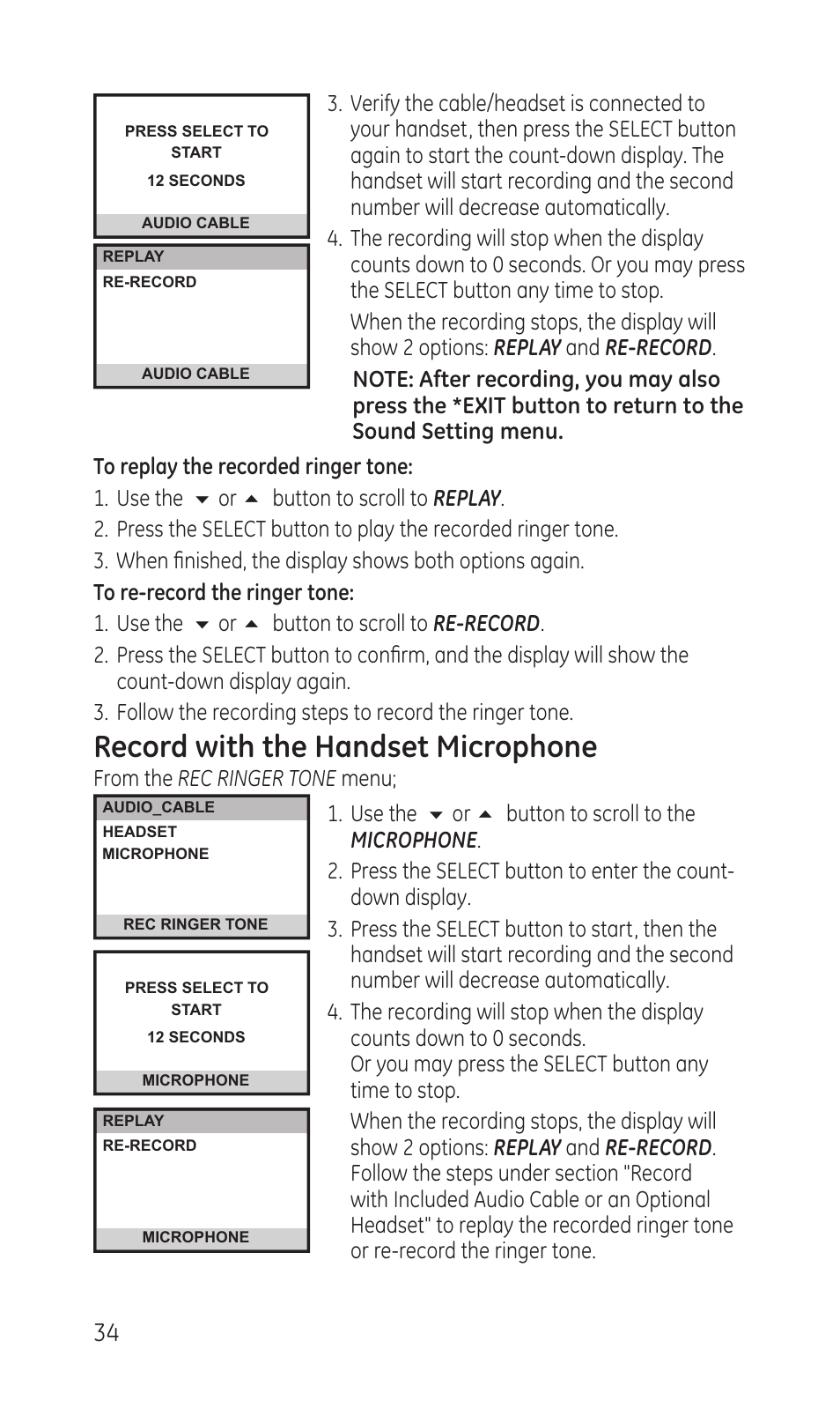 Record with the handset microphone | GE TC28041 Series User Manual | Page 34 / 46