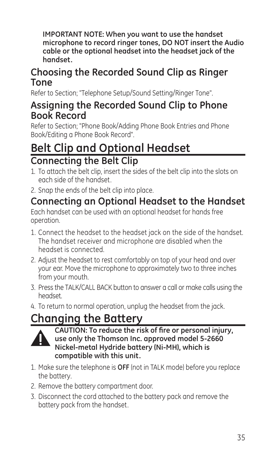 Belt clip and optional headset, Changing the battery, Choosing the recorded sound clip as ringer tone | Connecting the belt clip, Connecting an optional headset to the handset | GE TC28041 Series User Manual | Page 35 / 46