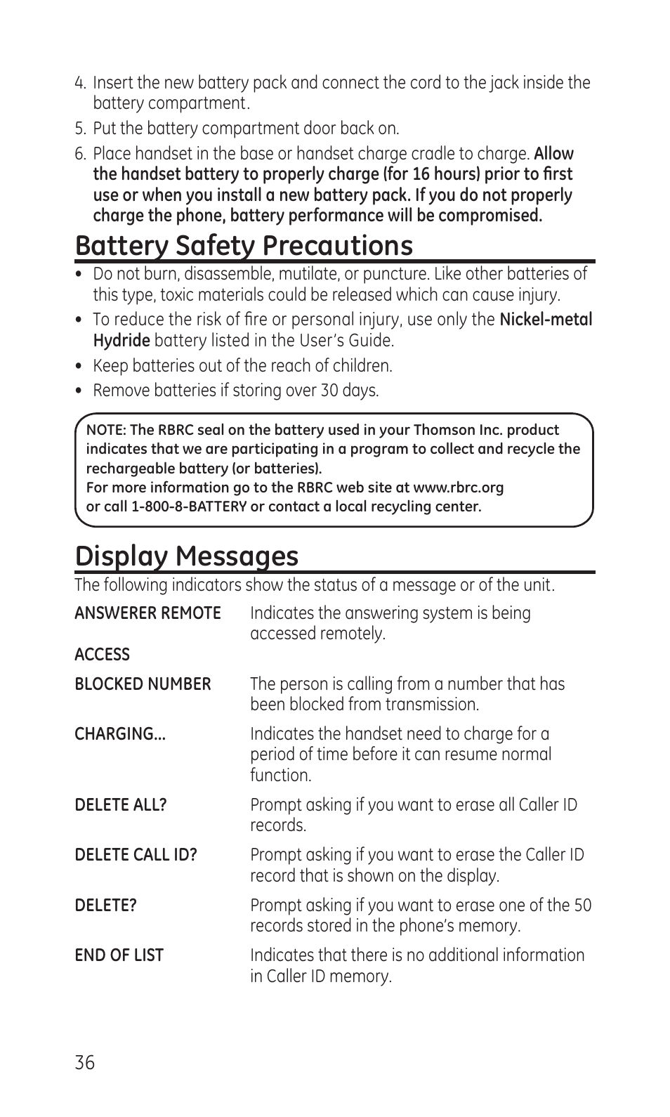 Battery safety precautions, Display messages | GE TC28041 Series User Manual | Page 36 / 46