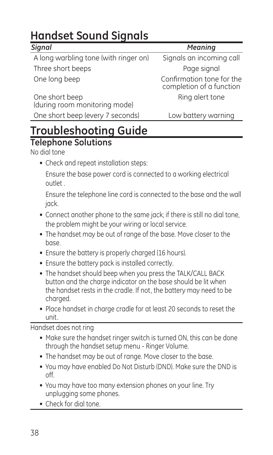 Handset sound signals, Troubleshooting guide, Telephone solutions | GE TC28041 Series User Manual | Page 38 / 46