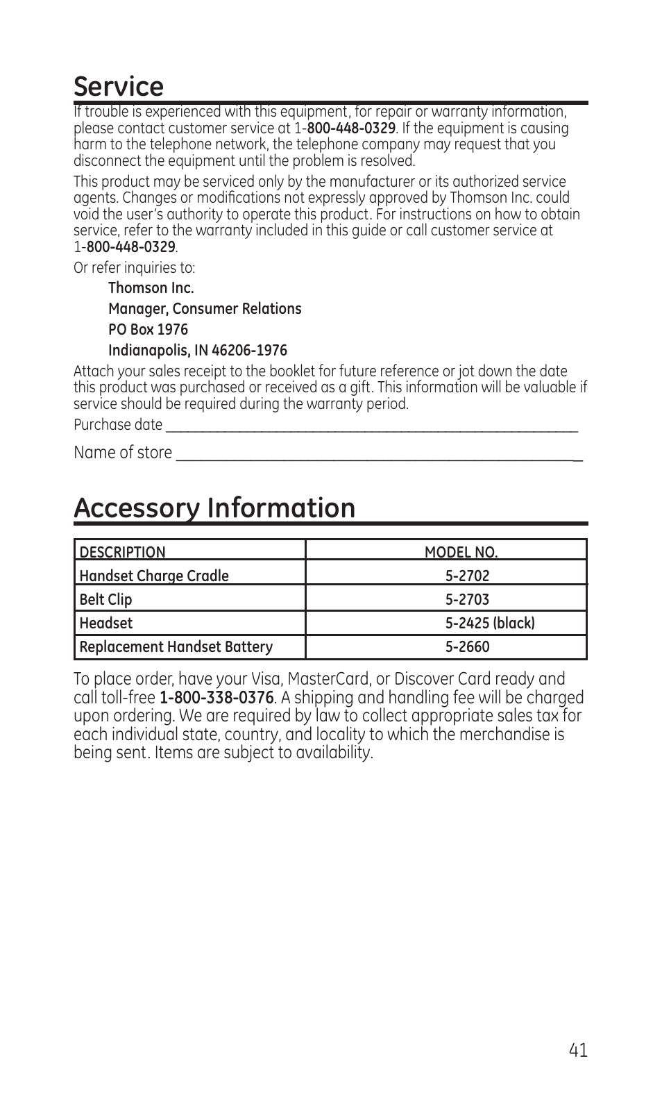 Service, Accessory information | GE TC28041 Series User Manual | Page 41 / 46