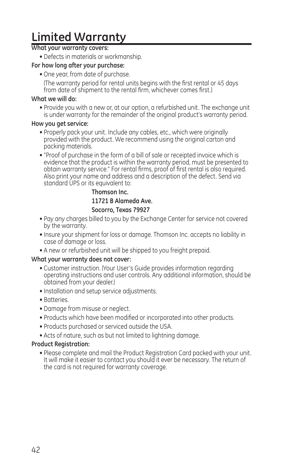 Limited warranty | GE TC28041 Series User Manual | Page 42 / 46