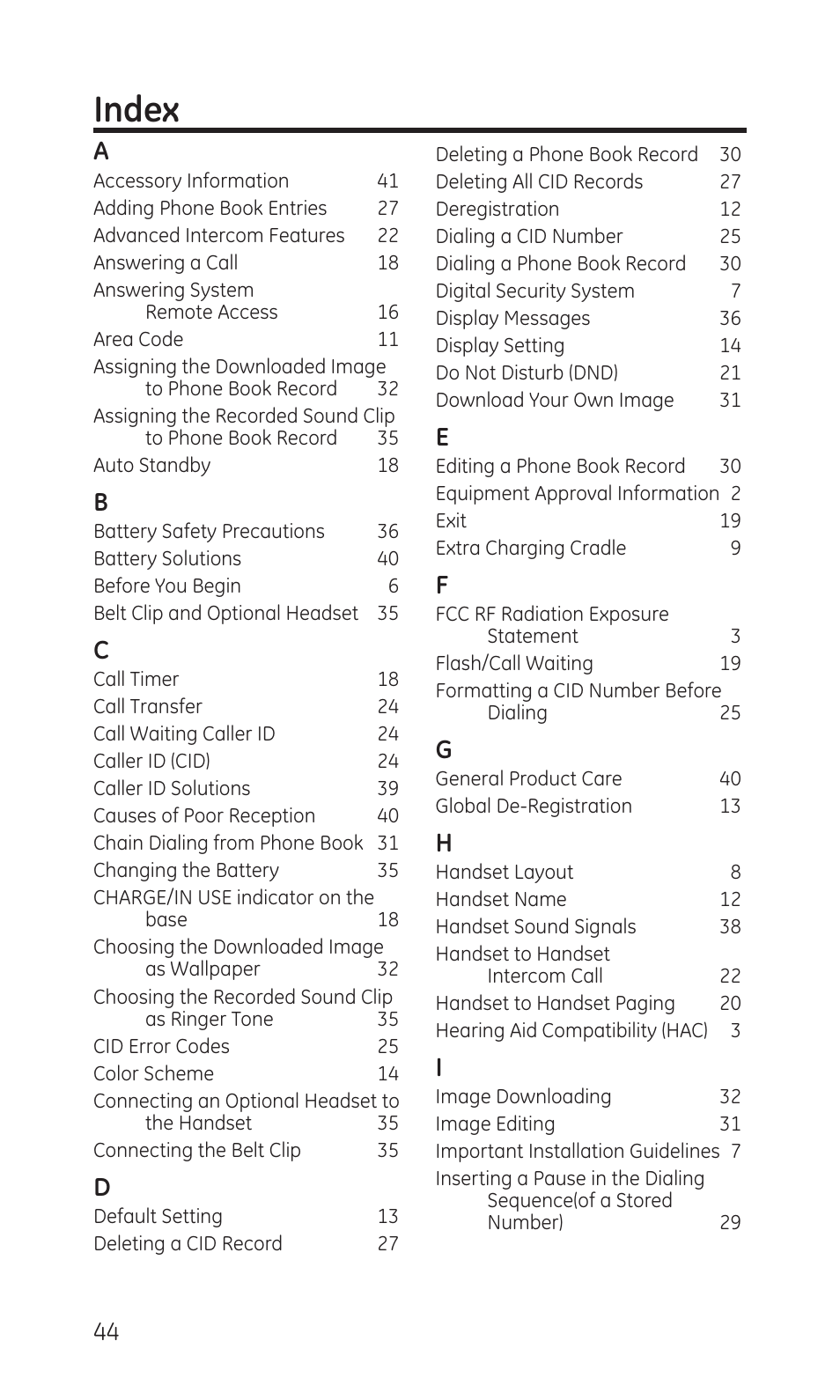 Index | GE TC28041 Series User Manual | Page 44 / 46