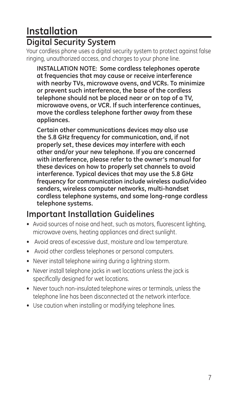 Installation, Digital security system, Important installation guidelines | GE TC28041 Series User Manual | Page 7 / 46