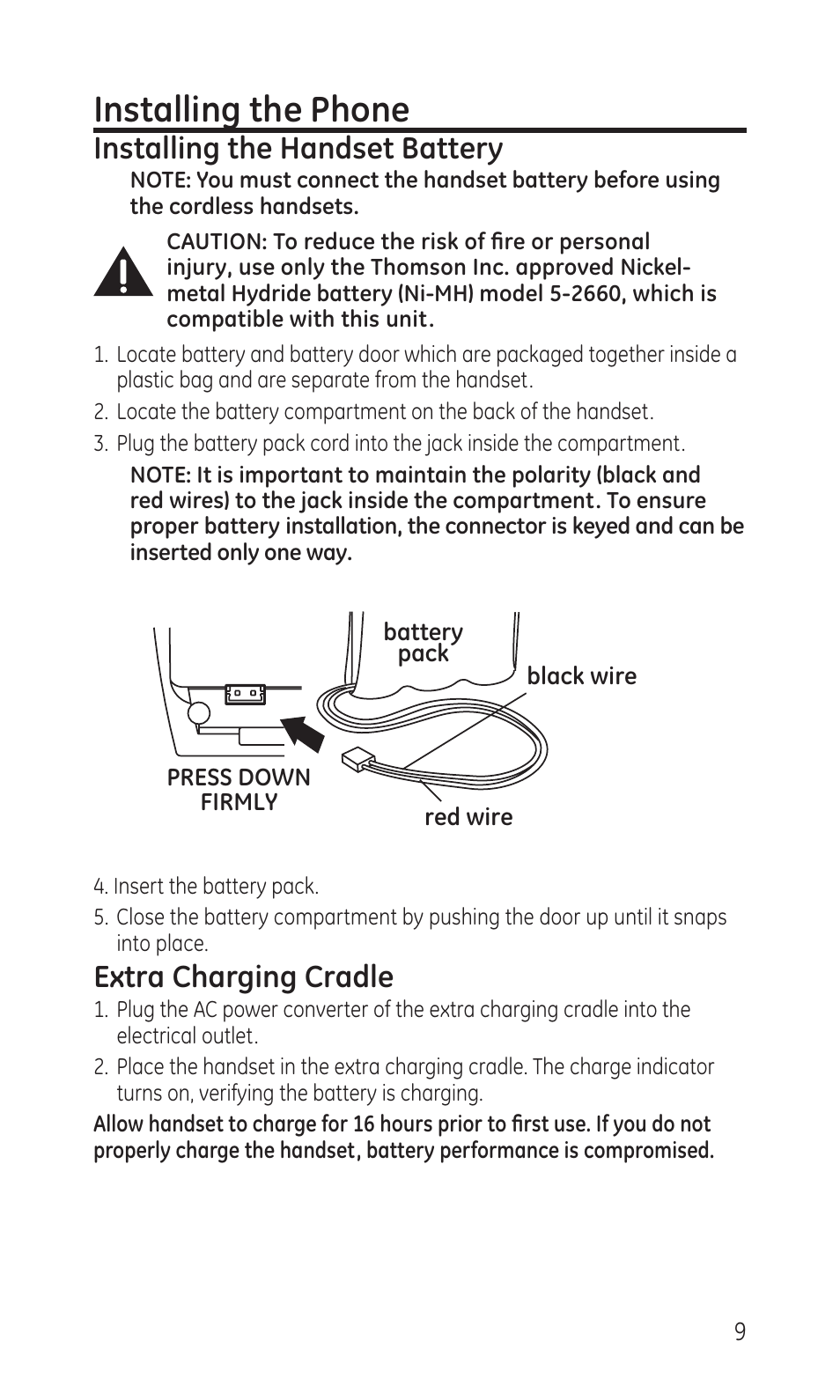 Installing the phone, Installing the handset battery, Extra charging cradle | GE TC28041 Series User Manual | Page 9 / 46