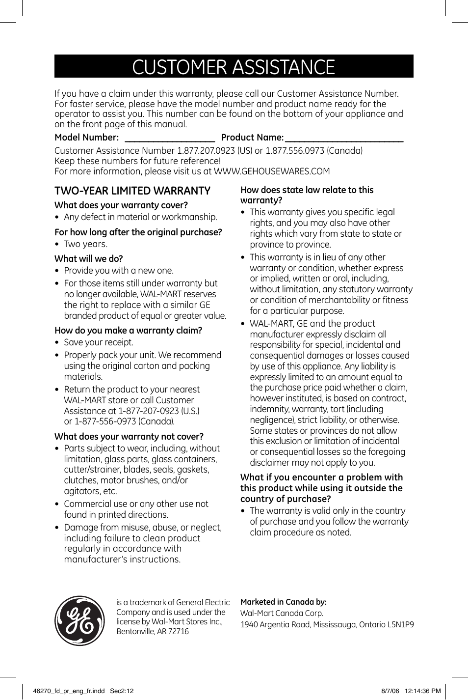 Customer assistance, Two-year limited warranty | GE 169141 User Manual | Page 12 / 12