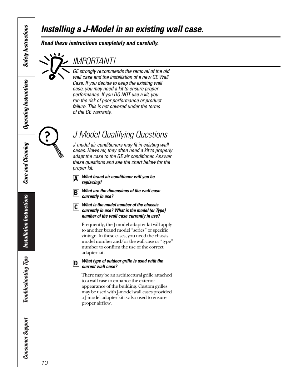 Installing a j-model in an existing wall case, Installing a j-model in an, Existing wall case –12 | Important, J-model qualifying questions | GE 10 DCA User Manual | Page 10 / 16