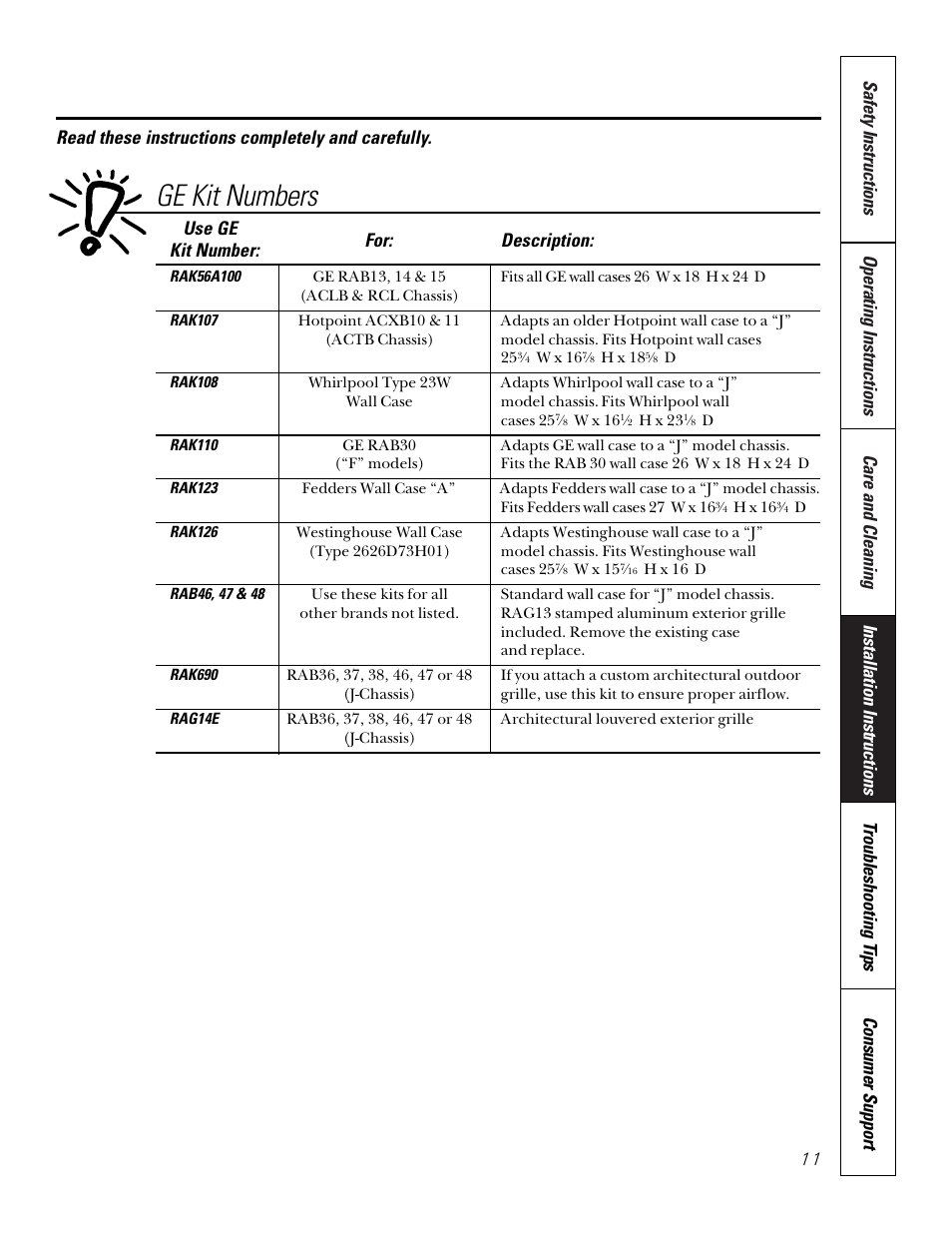 Ge kit numbers, Use ge for: description: kit number, Read these instructions completely and carefully | GE 10 DCA User Manual | Page 11 / 16