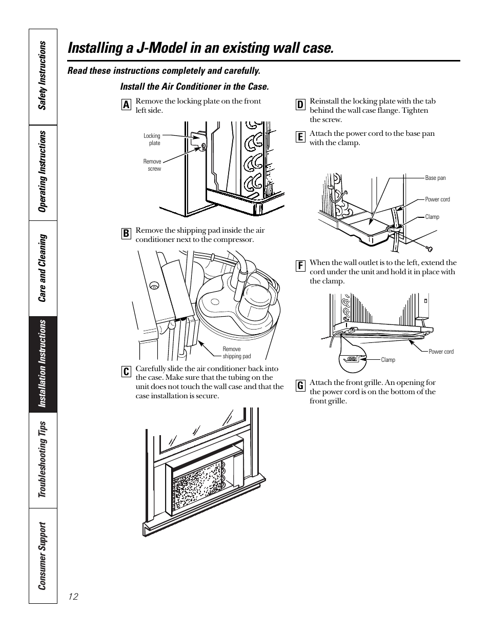 Installing a j-model in an existing wall case, Gf e d c | GE 10 DCA User Manual | Page 12 / 16