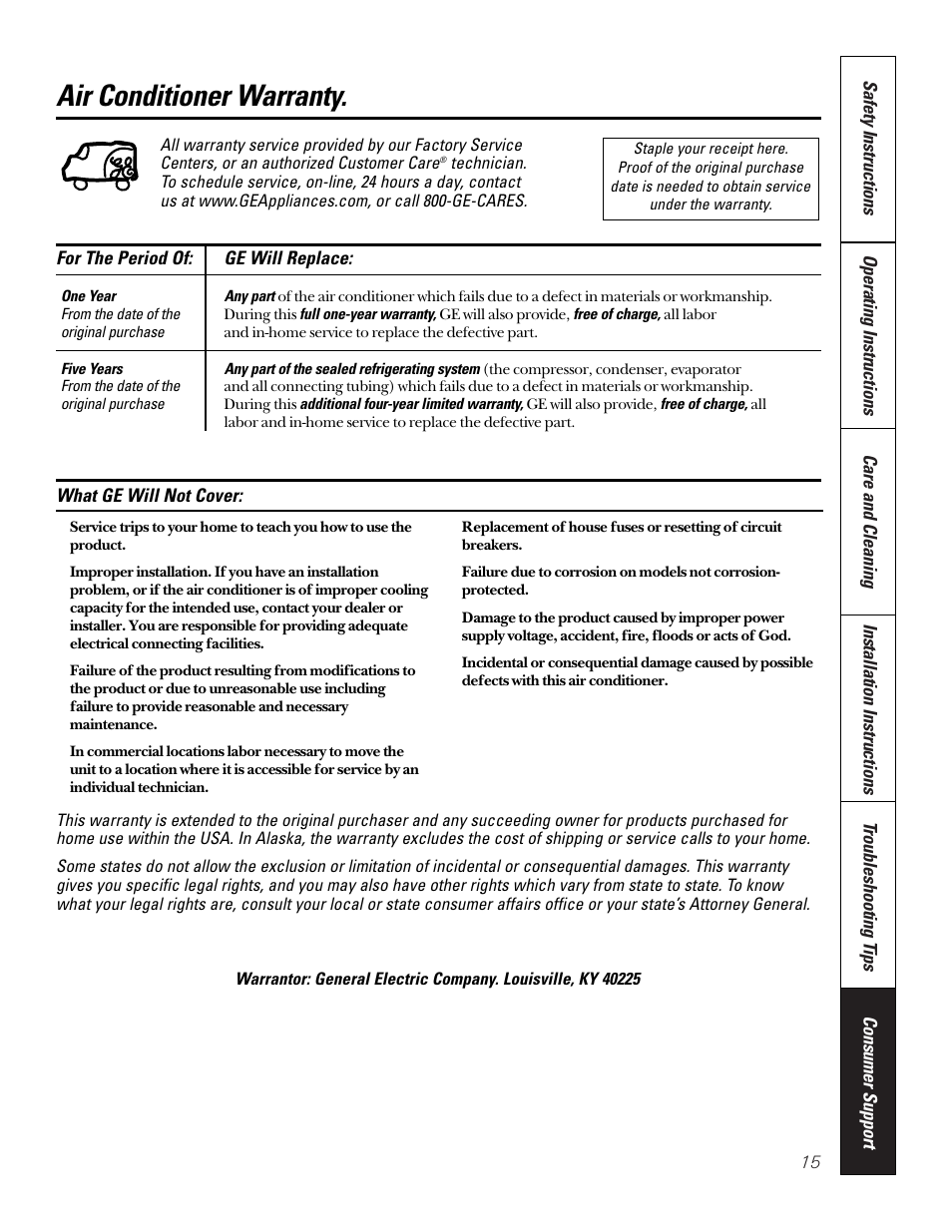 Warranty, Air conditioner warranty | GE 10 DCA User Manual | Page 15 / 16