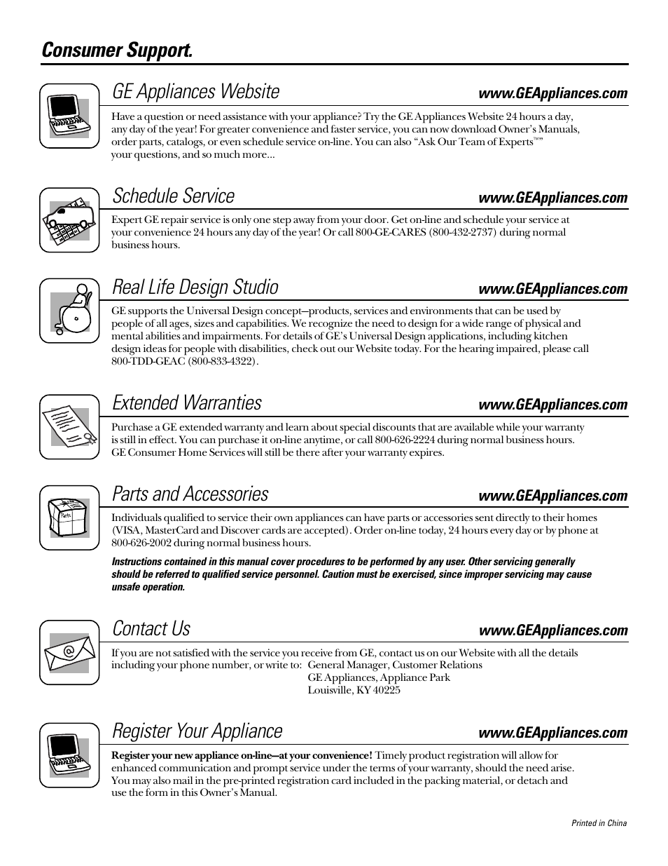 Consumer support, Consumer support . . . . back cover, Consumer support. ge appliances website | Schedule service, Real life design studio, Extended warranties, Parts and accessories, Contact us, Register your appliance | GE 10 DCA User Manual | Page 16 / 16