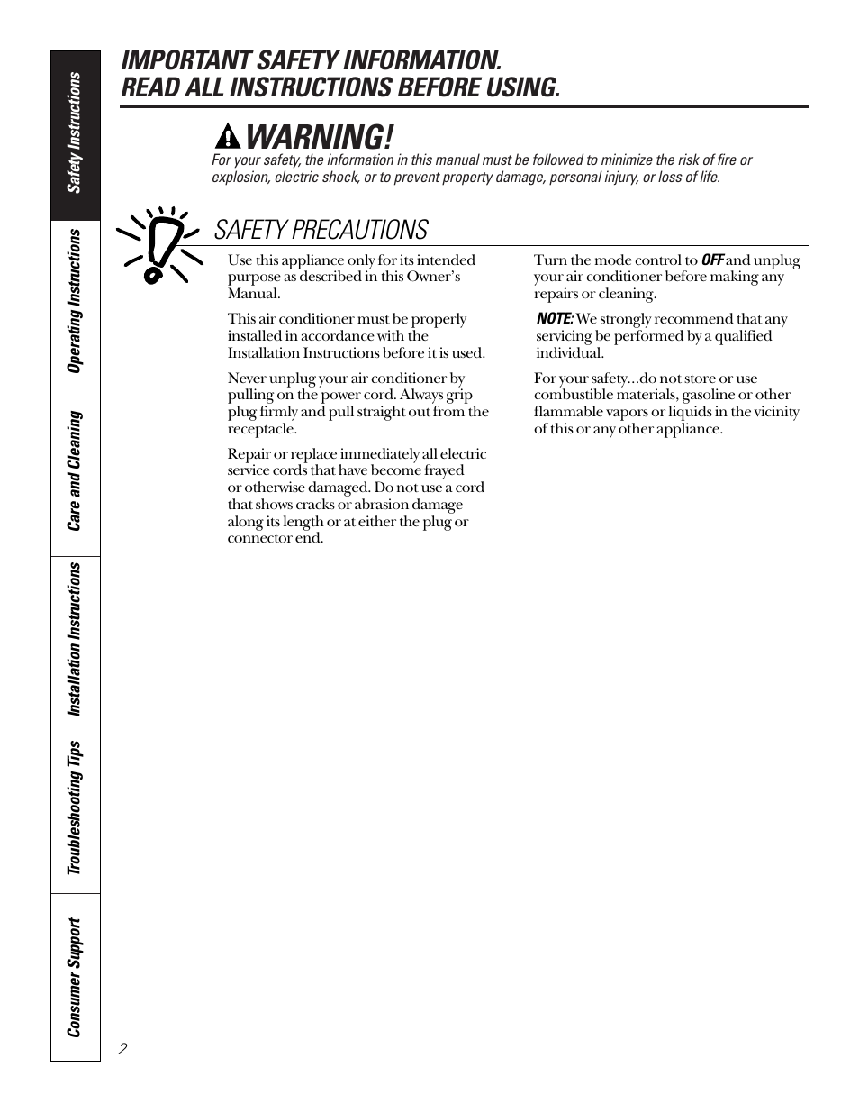 Safety precautions, Warning | GE 10 DCA User Manual | Page 2 / 16