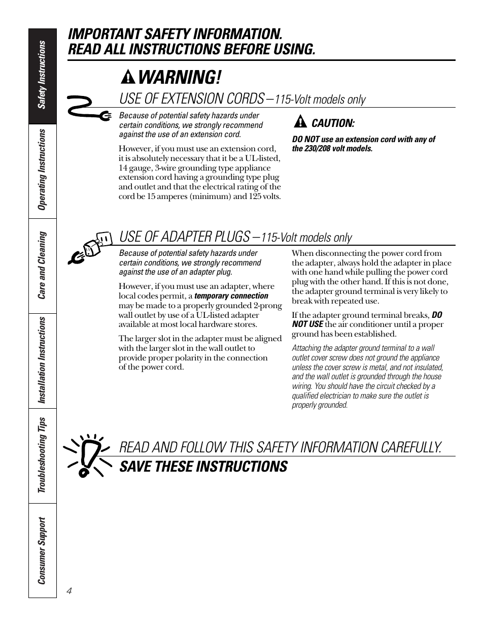 Adapter plugs, Extension cords, Warning | Use of extension cords, Use of adapter plugs, Volt models only | GE 10 DCA User Manual | Page 4 / 16
