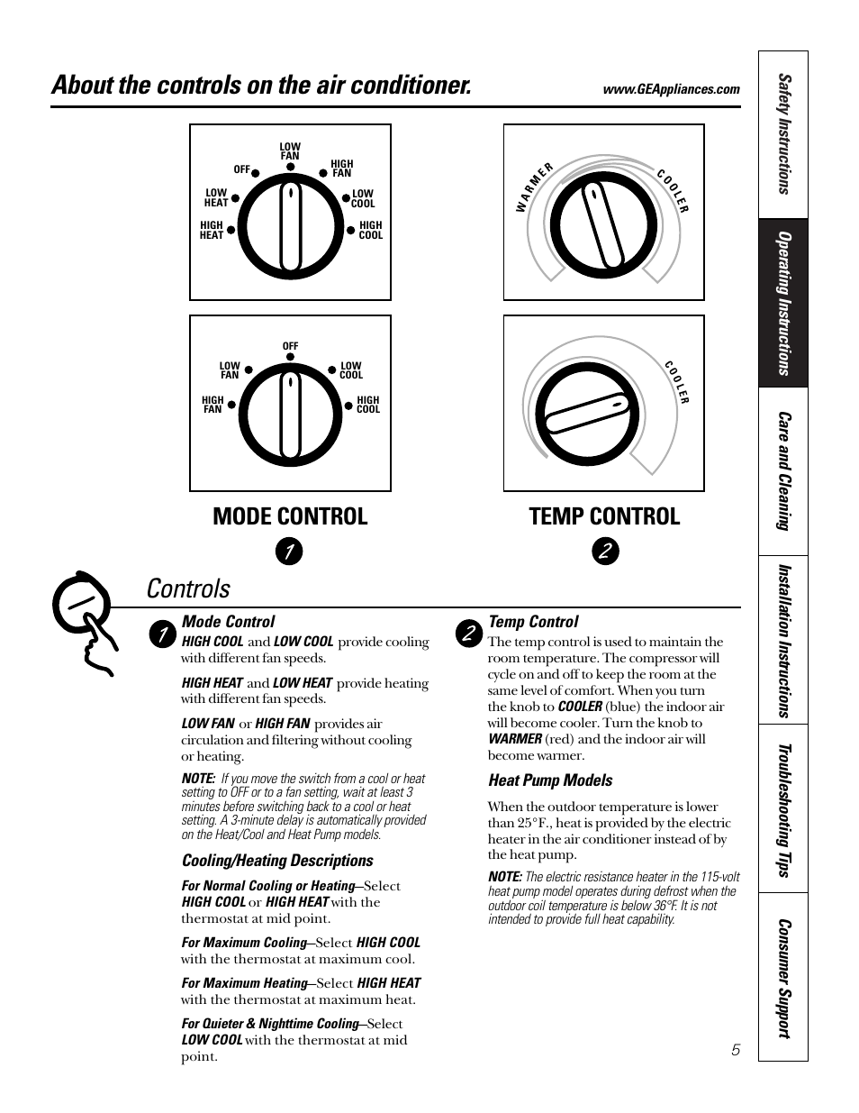 Controls, Controls , 6, About the controls on the air conditioner | Mode control temp control, Mode control, Cooling/heating descriptions, Temp control, Heat pump models | GE 10 DCA User Manual | Page 5 / 16