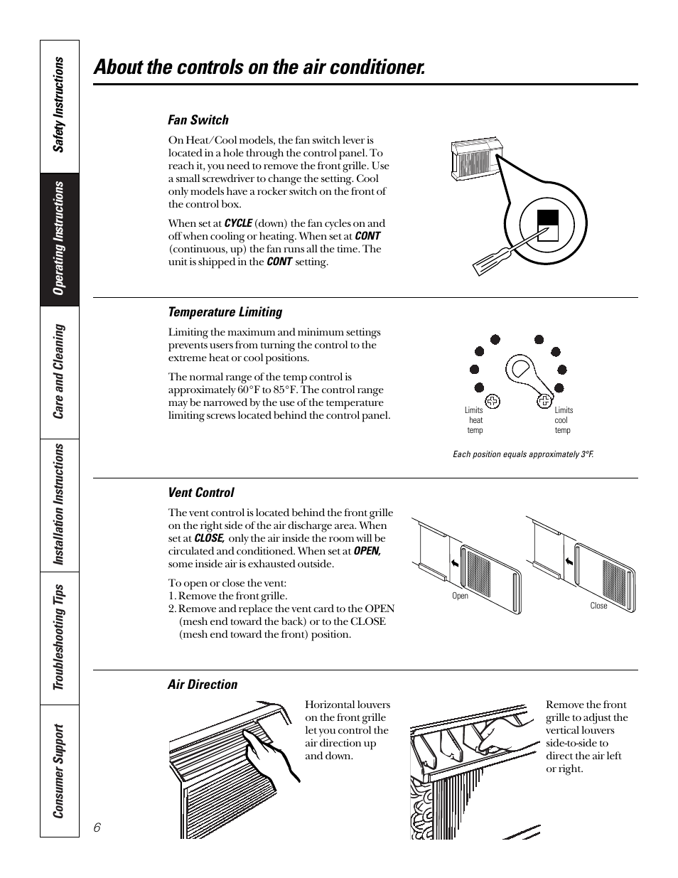 Air direction, Fan switch, Temperature limiting | Vent control, About the controls on the air conditioner | GE 10 DCA User Manual | Page 6 / 16