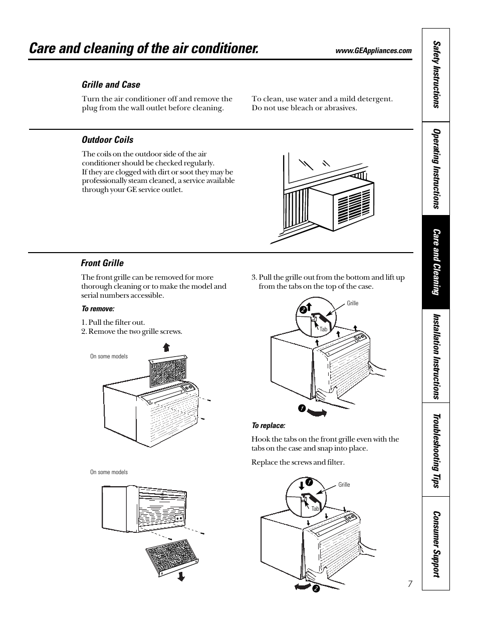Front grille, Grille and case, Outdoor coils | Care and cleaning of the air conditioner | GE 10 DCA User Manual | Page 7 / 16