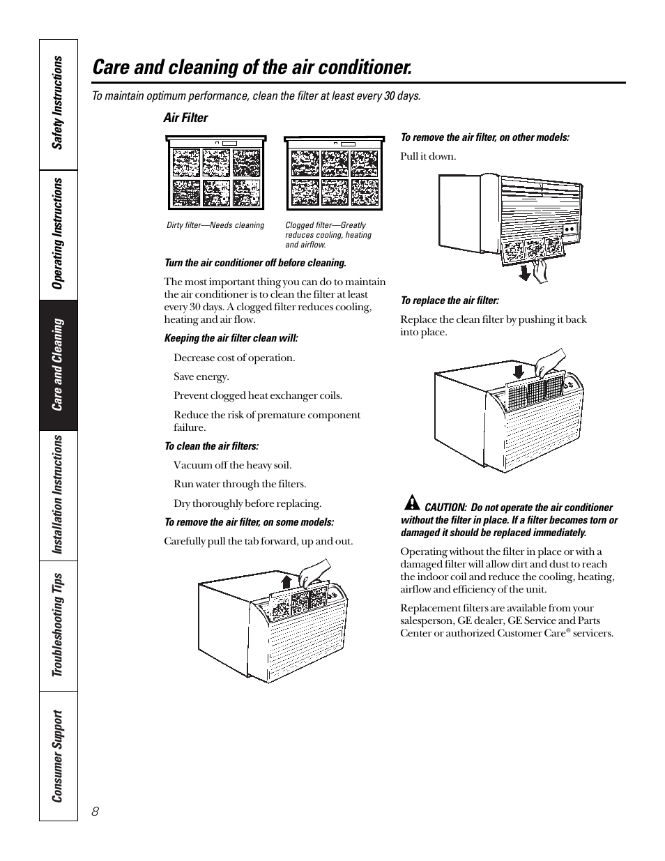 Air filter, Care and cleaning of the air conditioner | GE 10 DCA User Manual | Page 8 / 16