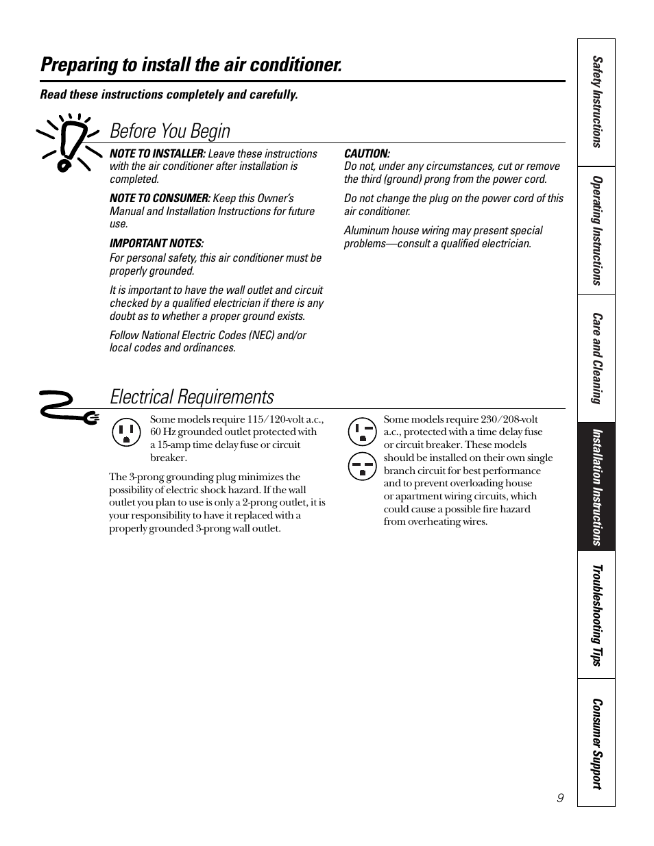 Preparing to install, Preparing to install the air conditioner, Before you begin | Electrical requirements | GE 10 DCA User Manual | Page 9 / 16