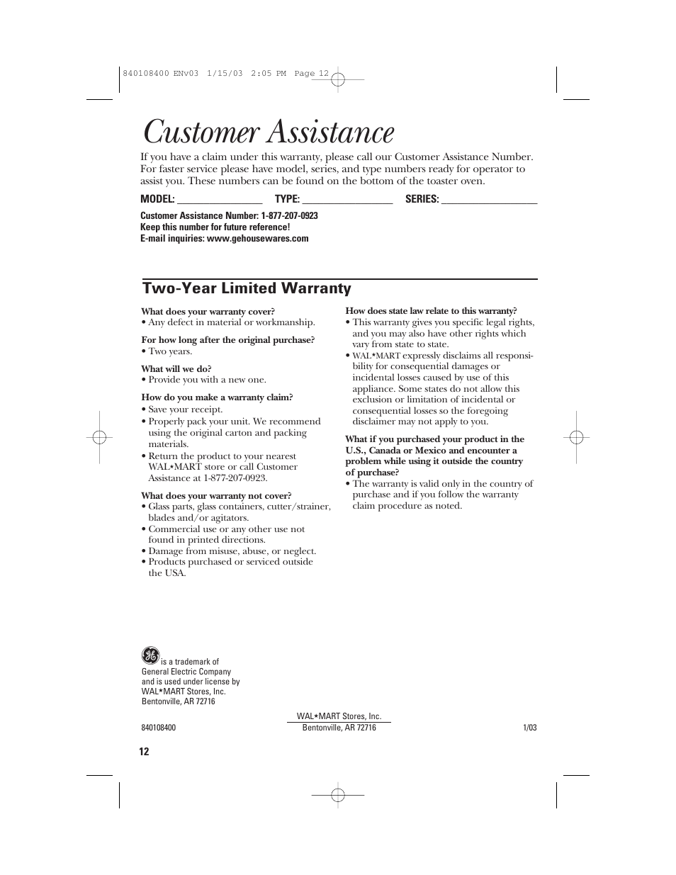 Customer assistance, Two-year limited warranty | GE 840108400 User Manual | Page 12 / 24